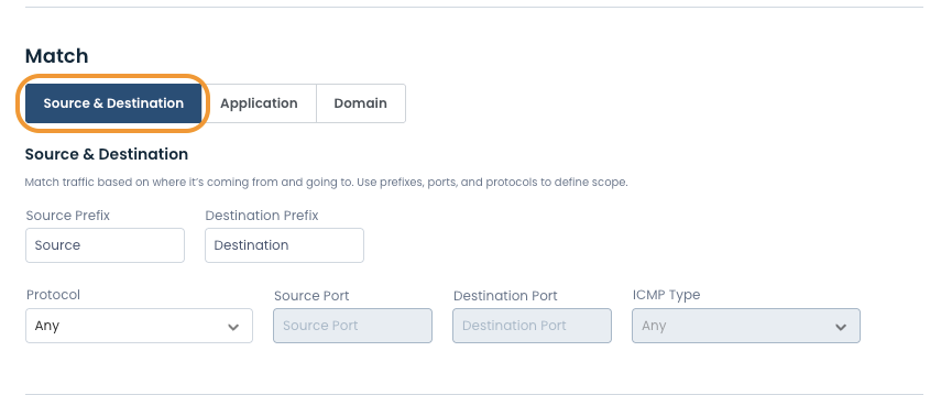 Interface showing source and destination settings for network traffic matching.